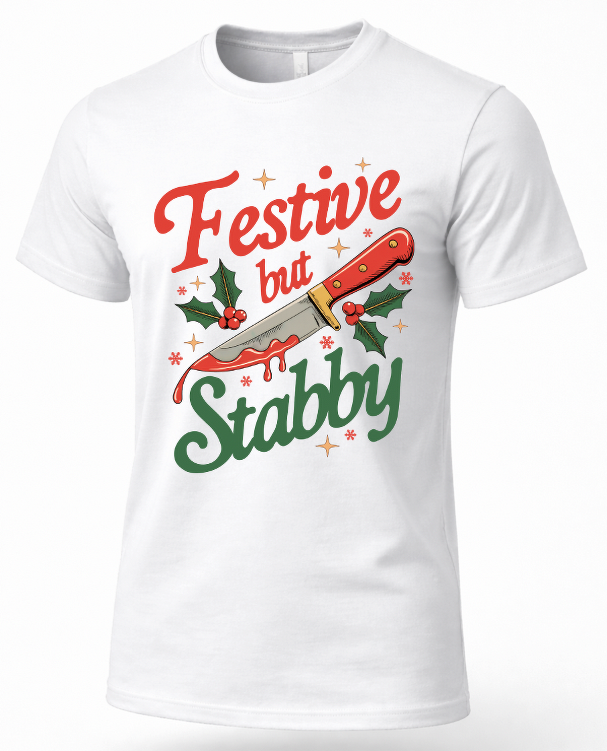 White Christmas shirt with Festive But Stabby knife and holly design