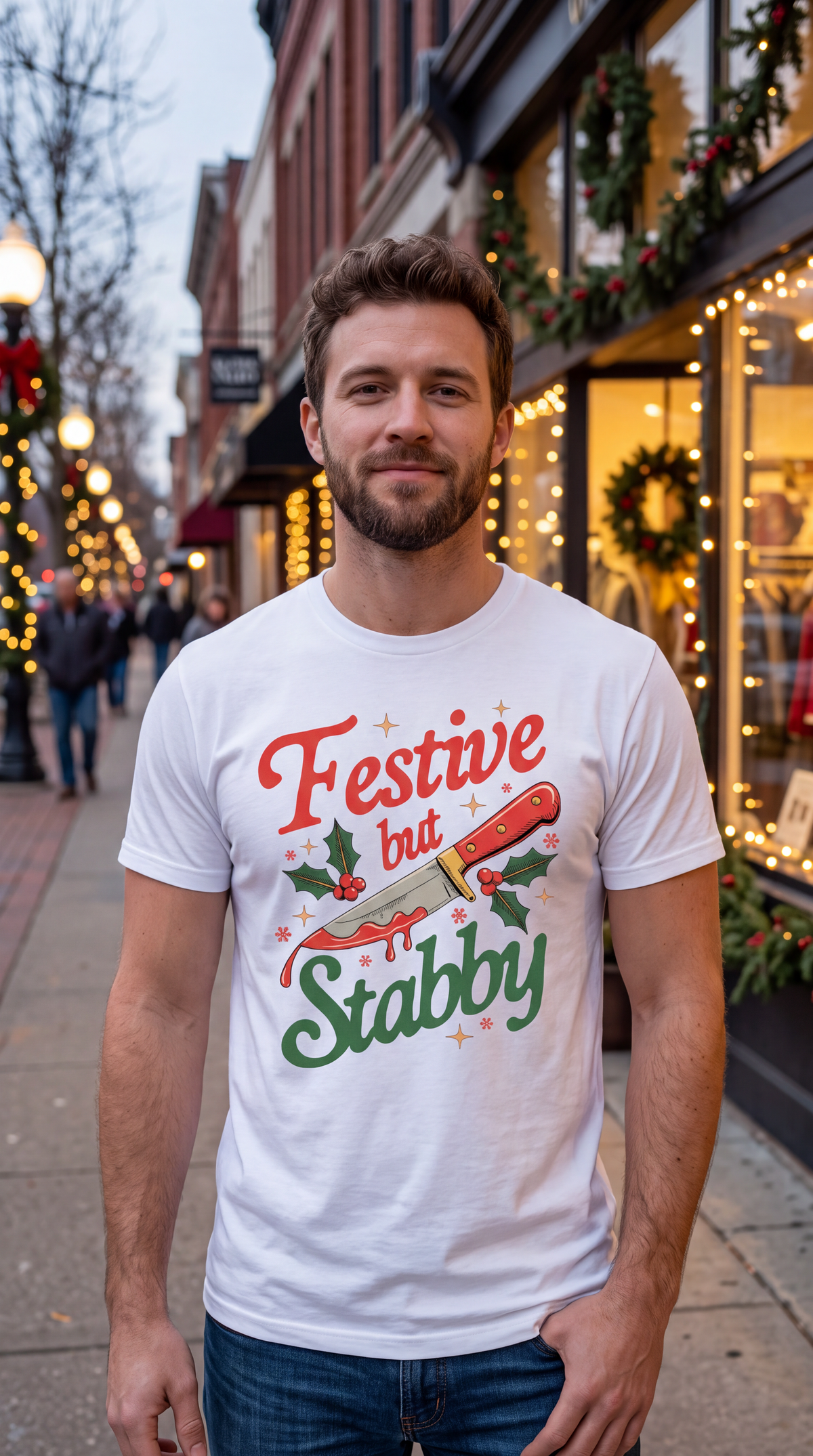 Festive But Stabby Christmas Shirt – Funny Dark Humor Holiday Tee