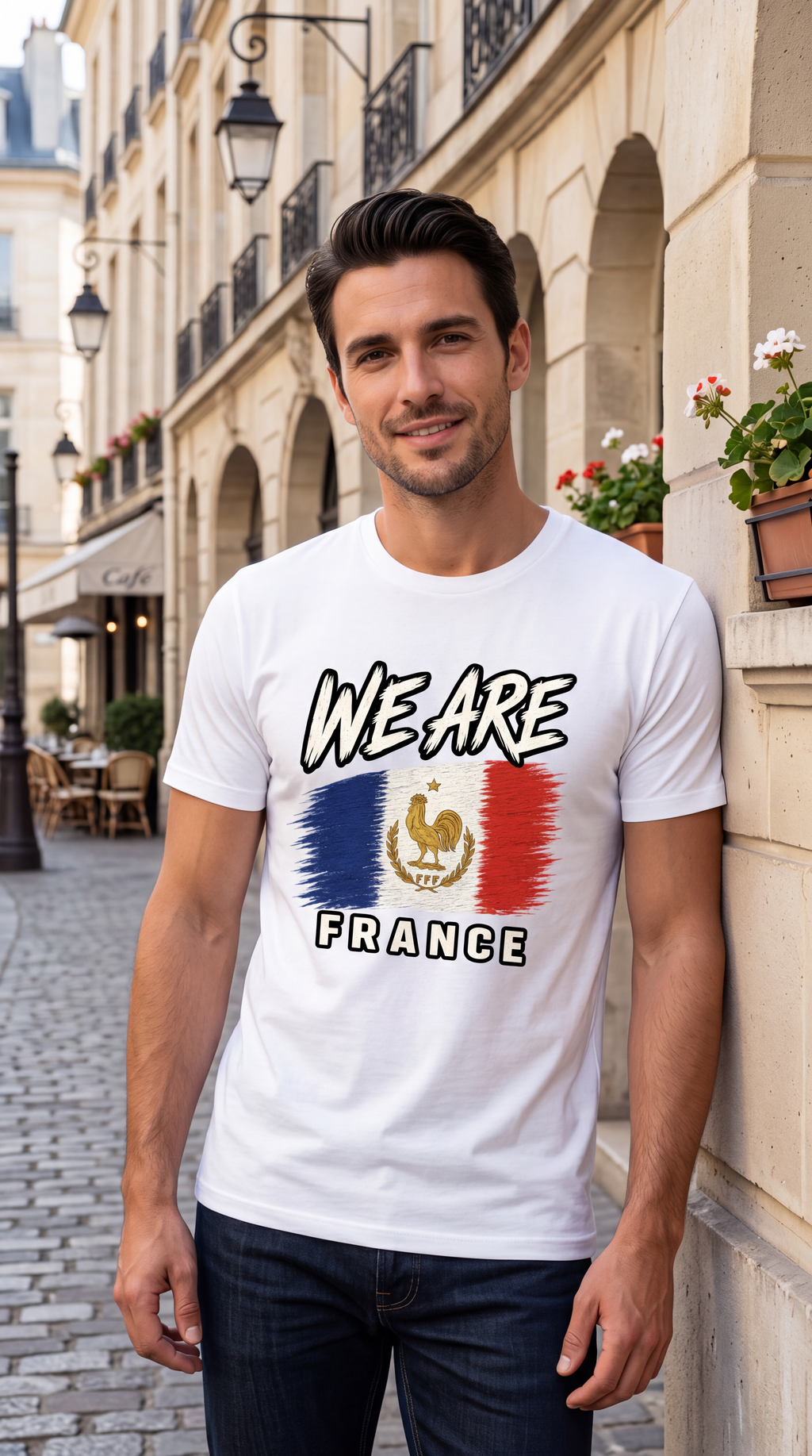 A man wearing a white graphic t-shirt with a French-themed 'WE ARE FRANCE' print featuring the tricolor flag and rooster emblem, standing on a cobblestone street in front of a beige building.