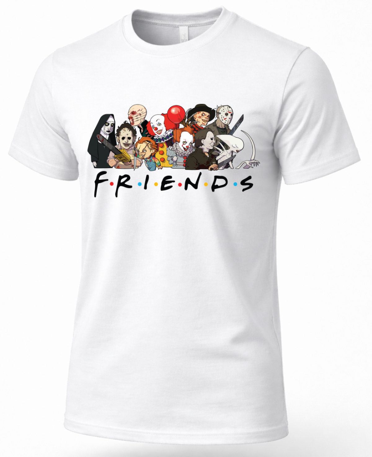 White Horror Friends shirt with colorful classic horror character design