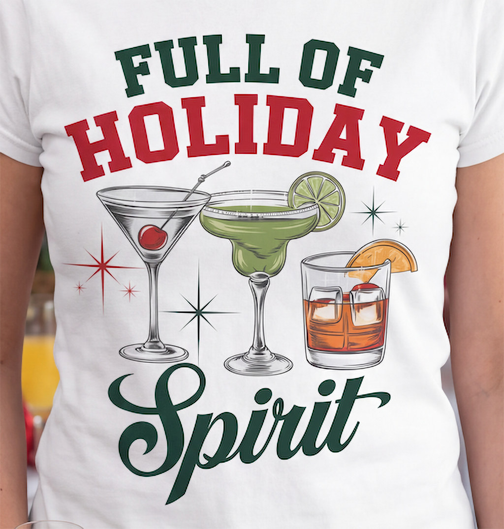 Close-up of Full of Holiday Spirit Christmas cocktail design on white shirt.