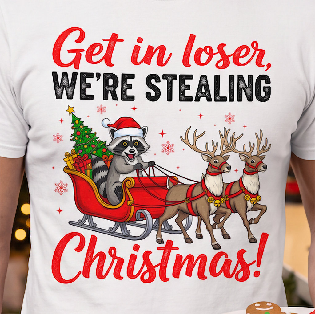 Close-up of Get in Loser We’re Stealing Christmas raccoon and reindeer design on a white T-shirt