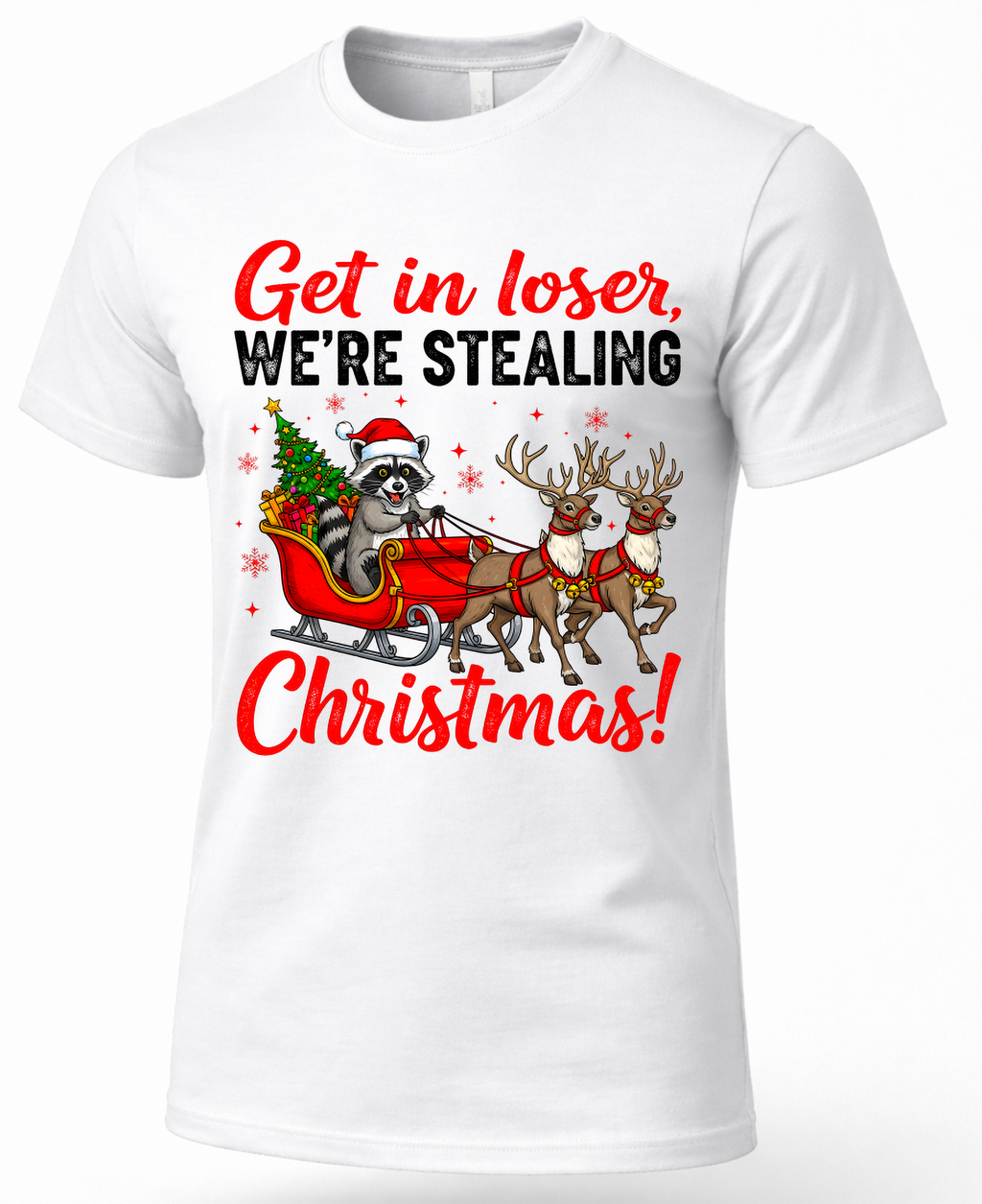 White Christmas graphic tee featuring a raccoon in Santa’s sleigh with reindeer and funny holiday lettering.