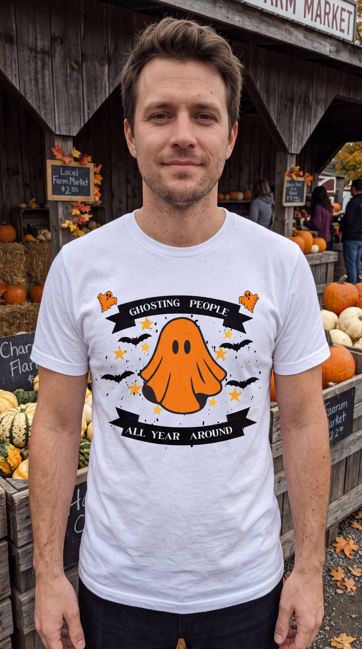 Man wearing white Ghosting People All Year Round funny Halloween ghost shirt