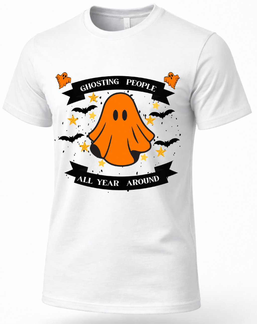 White Ghosting People All Year Round shirt with orange ghost and bats graphic