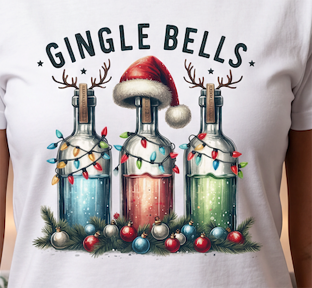 Close-up of Gingle Bells Christmas drinking graphic on white shirt