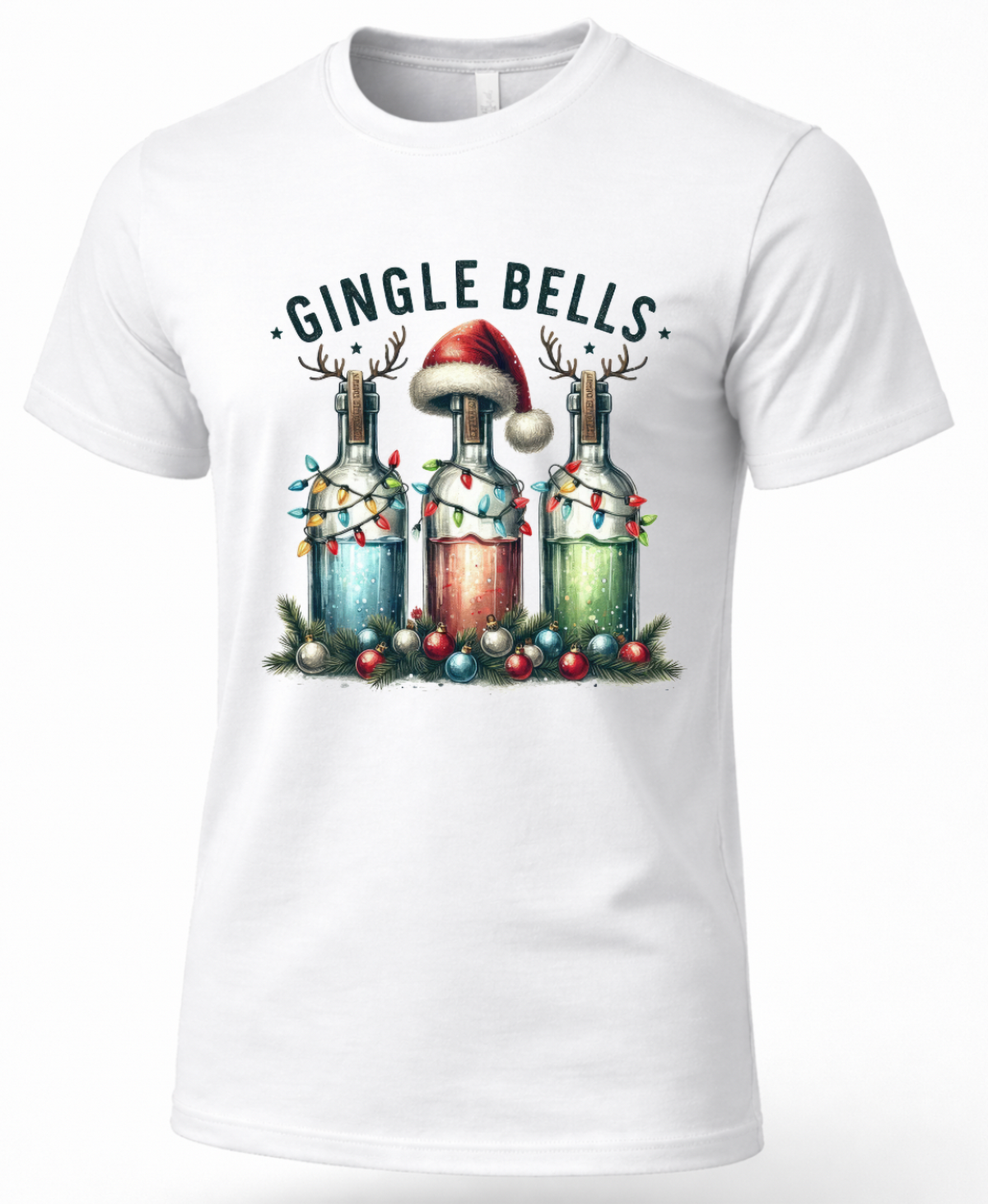 White Christmas shirt featuring Gingle Bells festive liquor bottle design