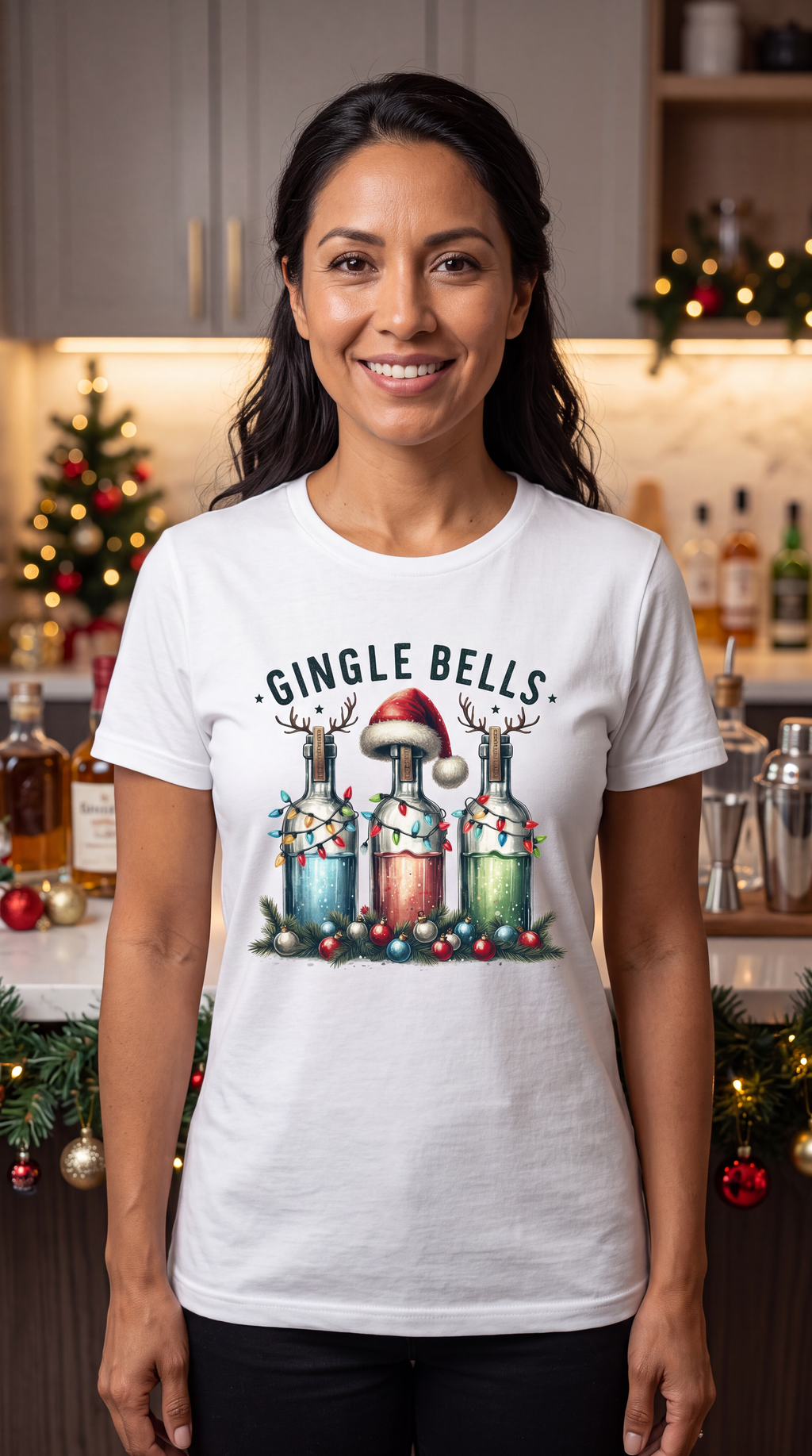 Woman wearing white Gingle Bells Christmas cocktail graphic tee
