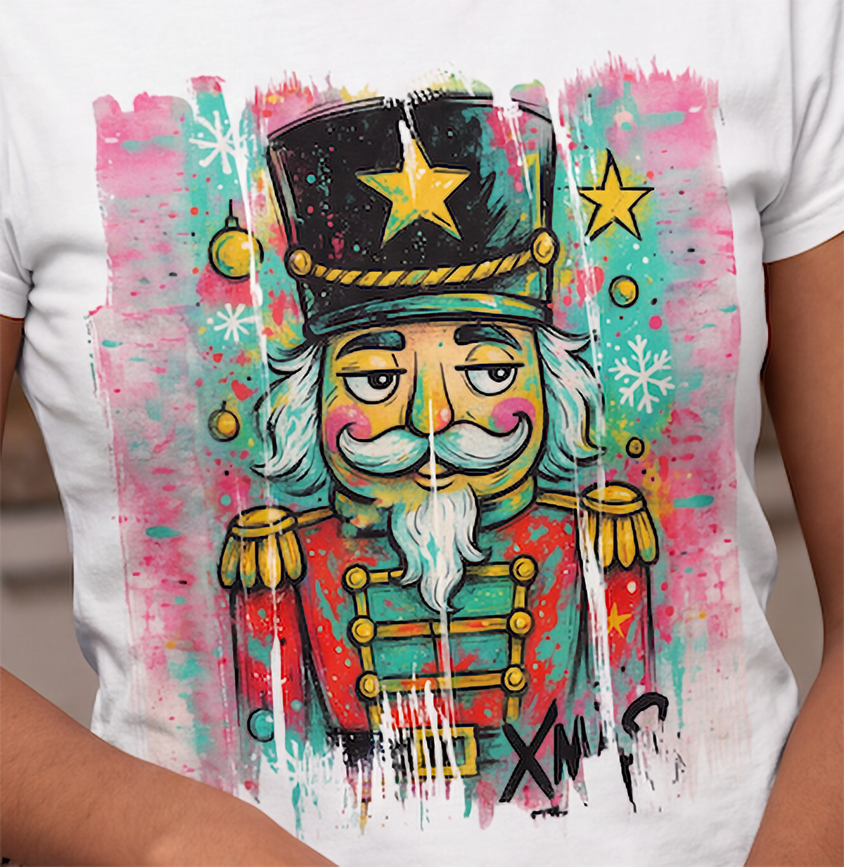 Close-up of colorful graffiti nutcracker Christmas artwork on white shirt
