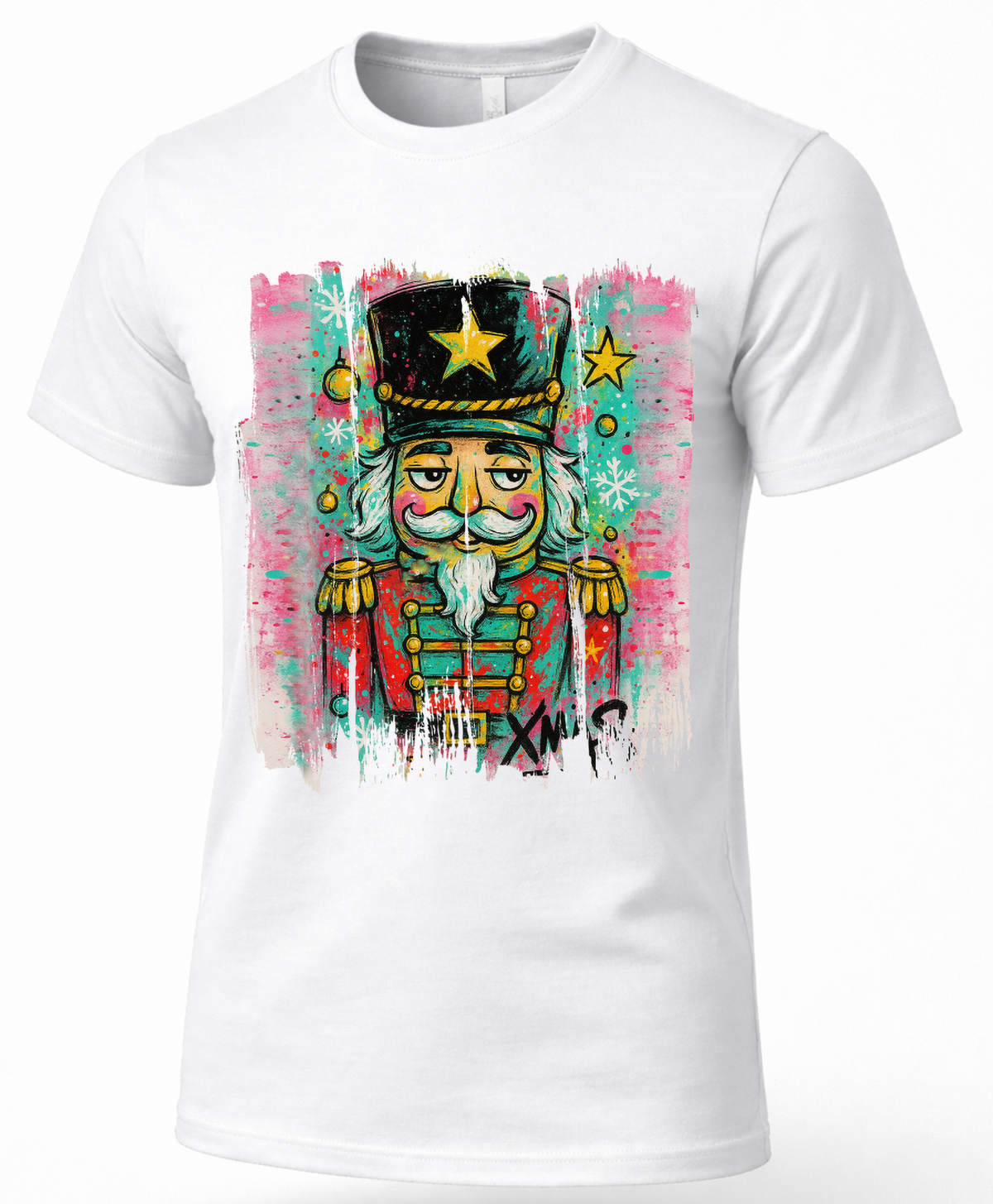 White Christmas graphic tee with colorful graffiti nutcracker design