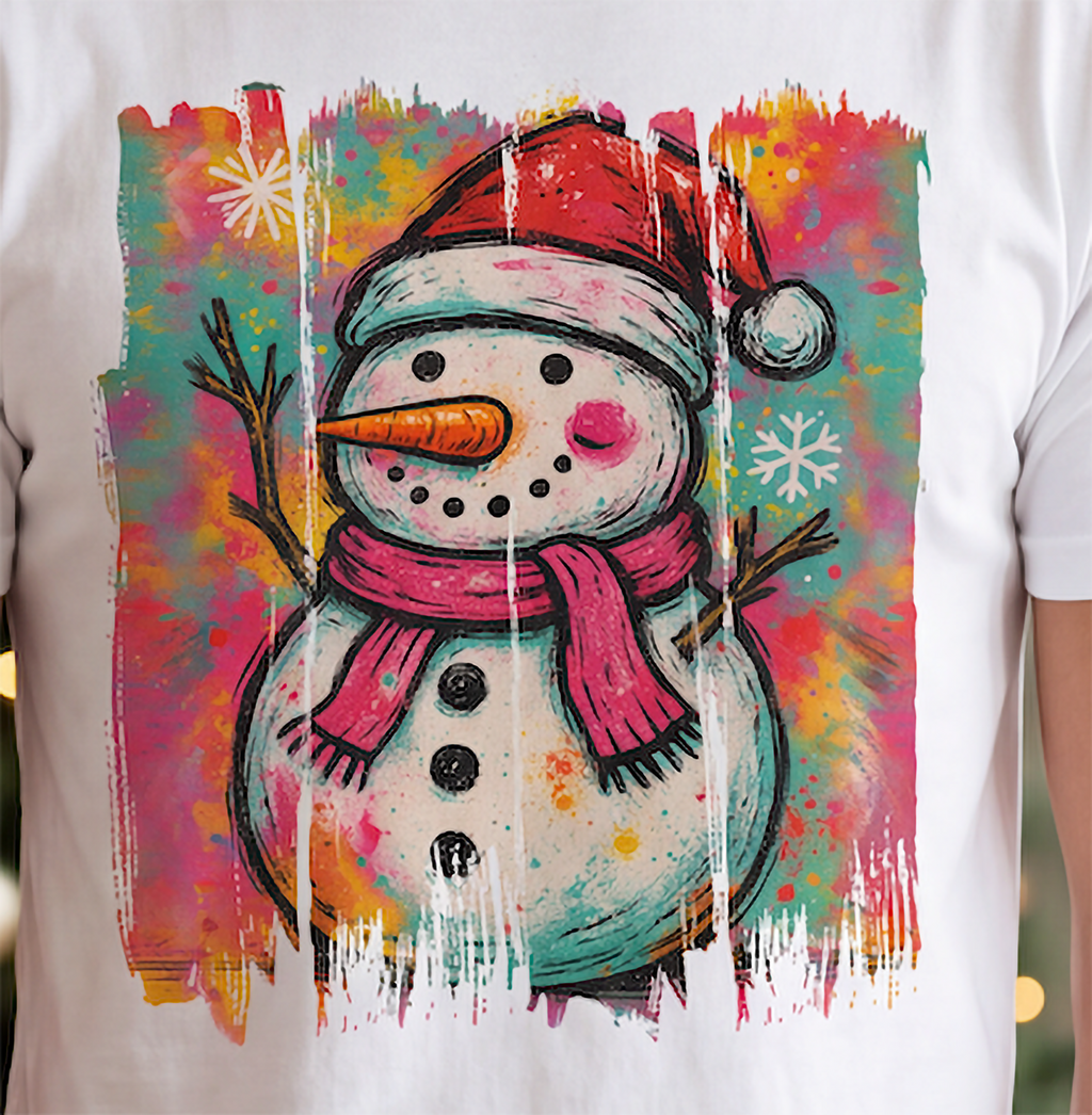 Close-up of colorful graffiti snowman Christmas design on white shirt.
