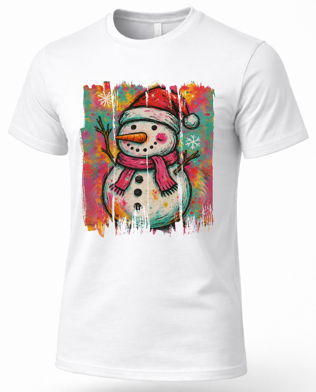 White Graffiti Snowman Christmas graphic T-shirt product mockup.