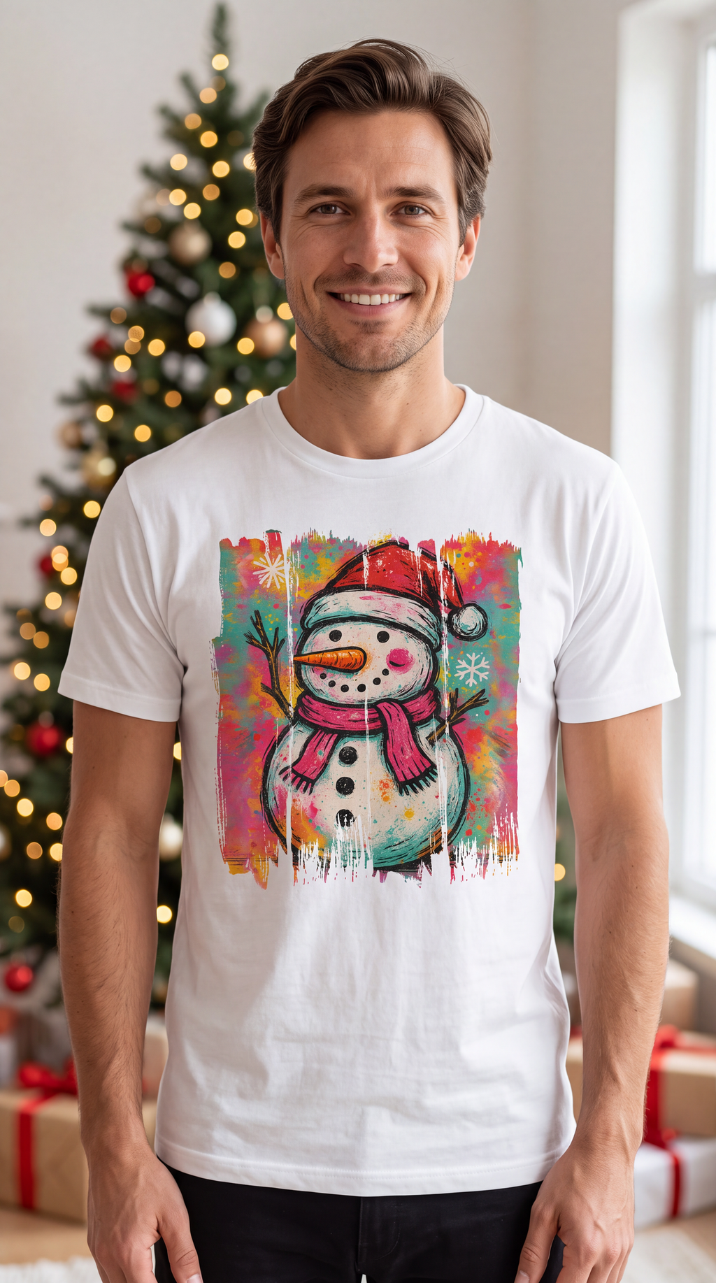 Man wearing white Graffiti Snowman Christmas graphic T-shirt.