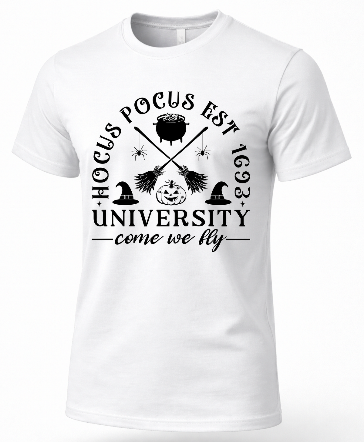 White Hocus Pocus University shirt with Come We Fly witch graphic