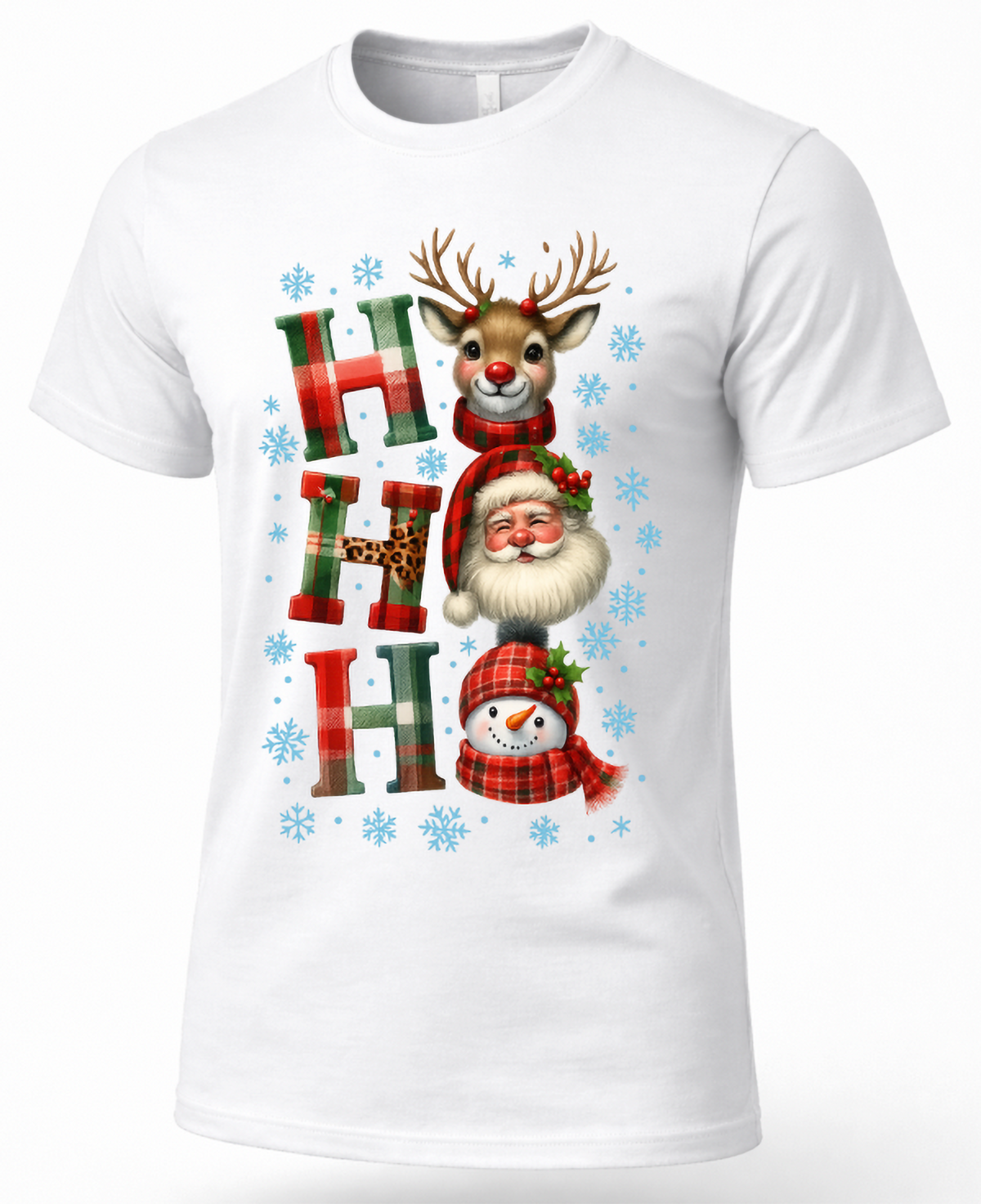 White unisex Christmas t-shirt featuring cute Santa, reindeer and snowman with colorful plaid Ho Ho Ho lettering.