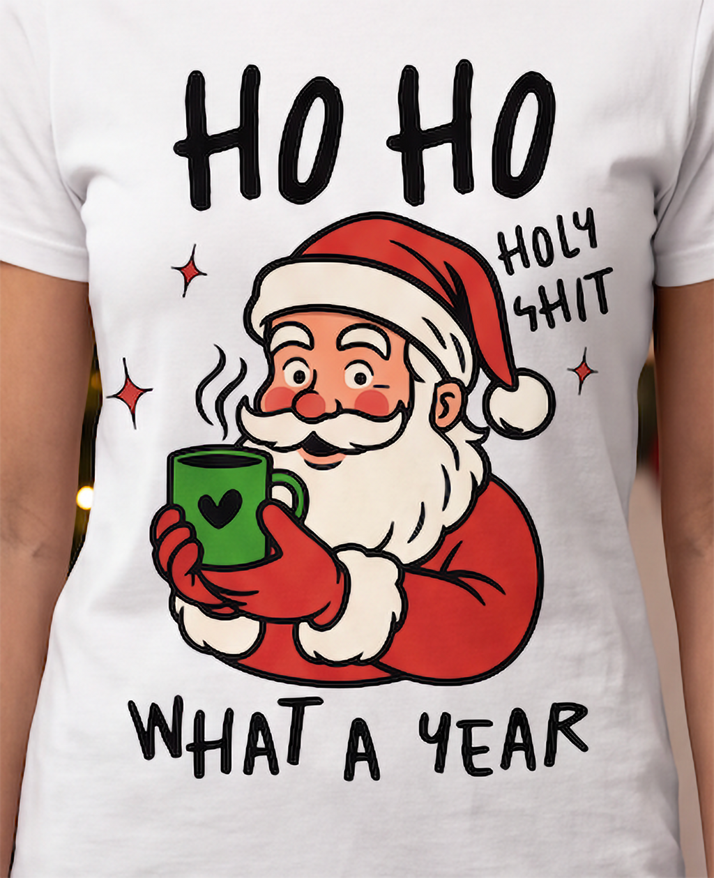 Close-up of Ho Ho Holy Shit What a Year Christmas shirt design featuring Santa holding a green mug.