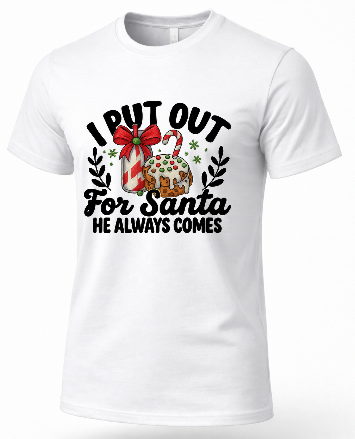 White I Put Out for Santa Christmas t-shirt with festive milk and cookies graphic