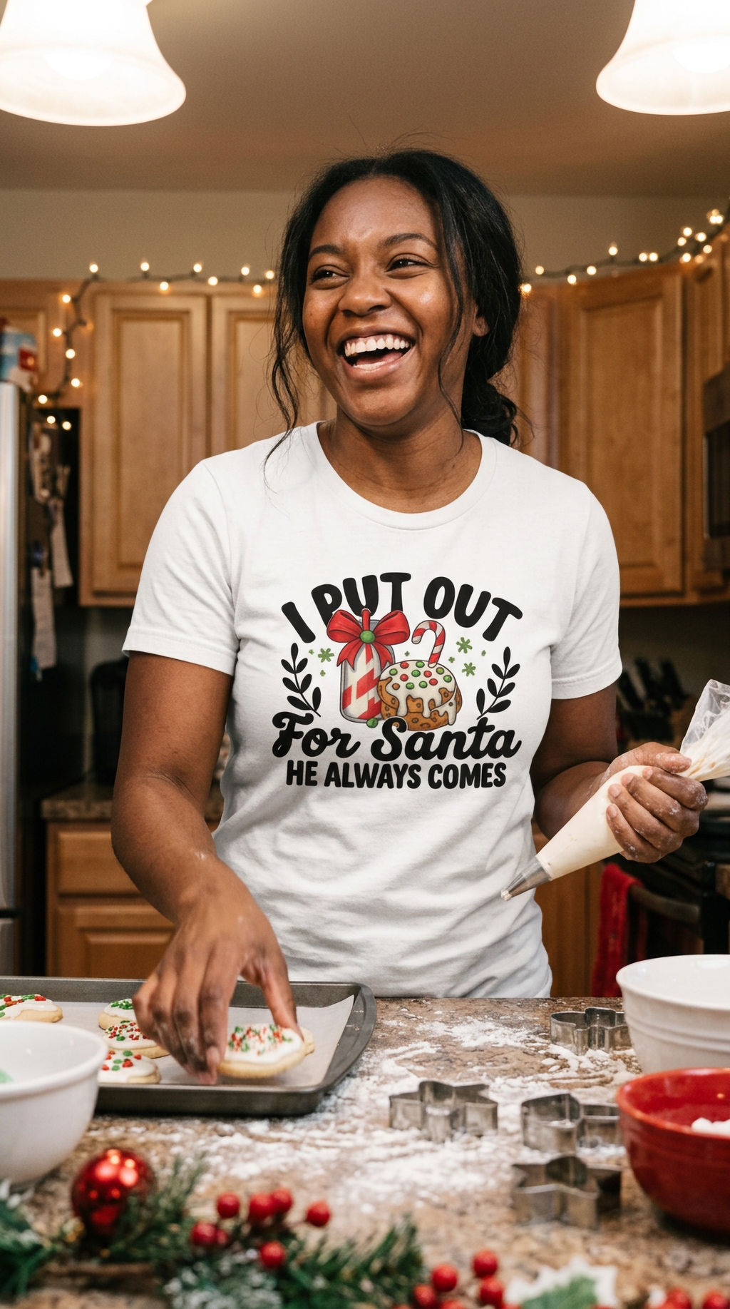 Man wearing white I Put Out for Santa funny adult Christmas shirt at a holiday gathering