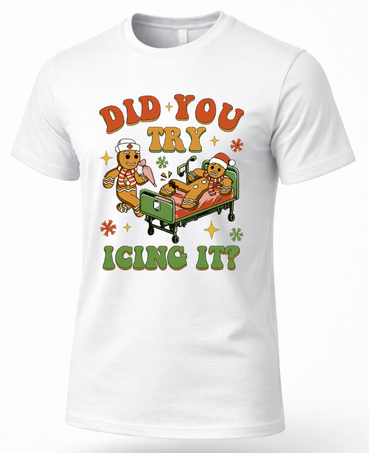 White unisex Christmas t-shirt featuring colorful Did You Try Icing It gingerbread graphic design.
