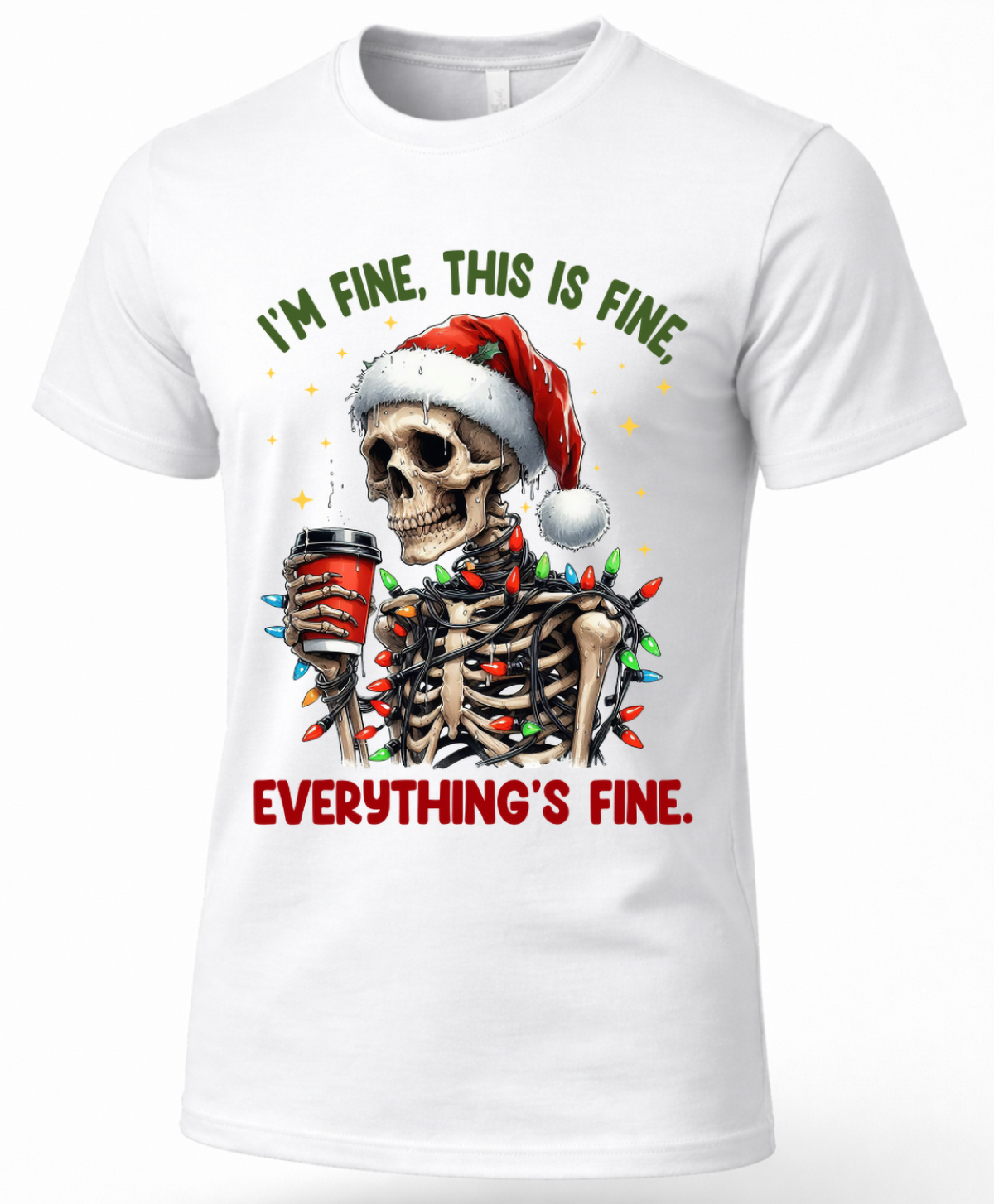 White Christmas graphic tee with funny skeleton Santa hat and tangled holiday lights design.