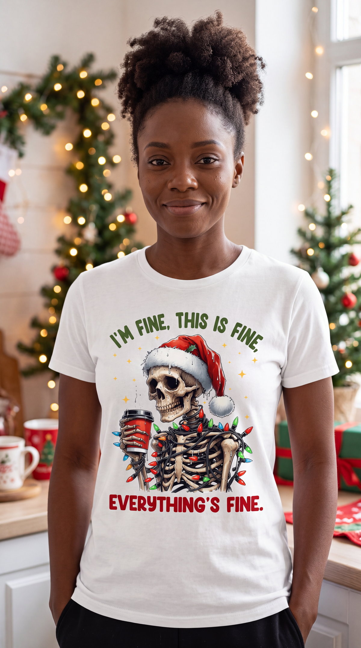 Woman wearing white I’m Fine Everything’s Fine Christmas skeleton graphic tee near a decorated Christmas tree.