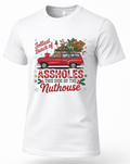 White Christmas graphic tee featuring red station wagon, holiday decorations, and Jolliest Bunch of Assholes quote.