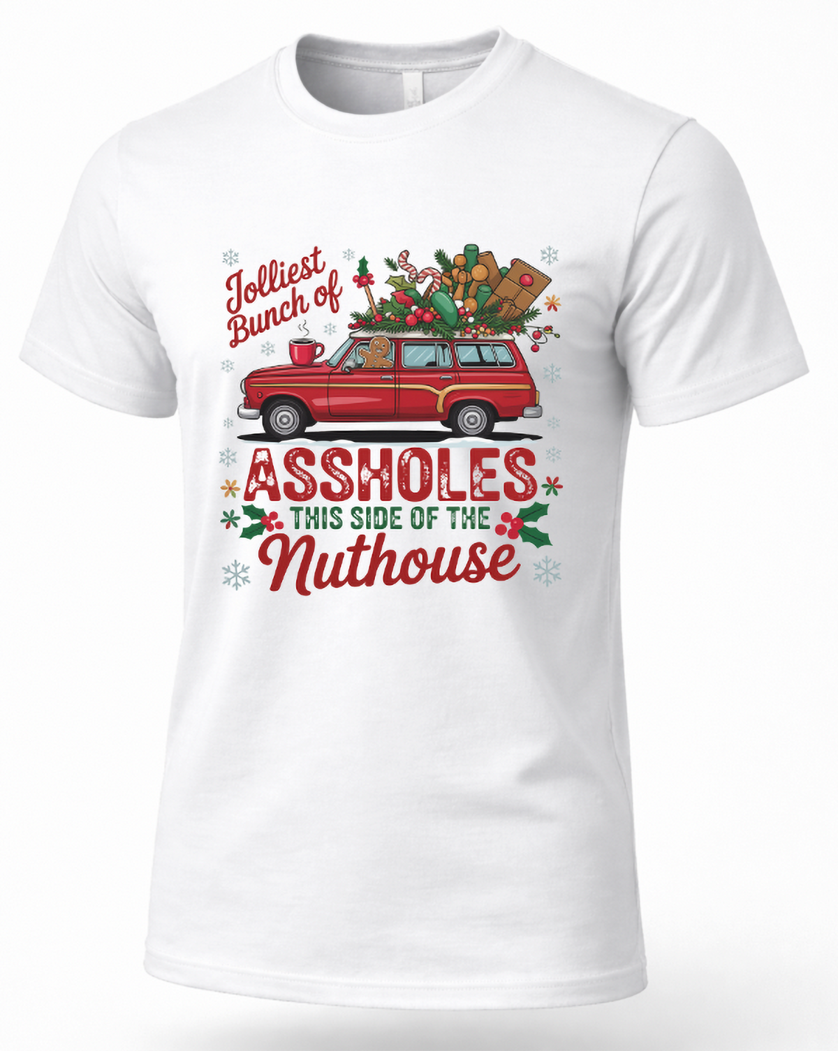 White Christmas graphic tee featuring red station wagon, holiday decorations, and Jolliest Bunch of Assholes quote.