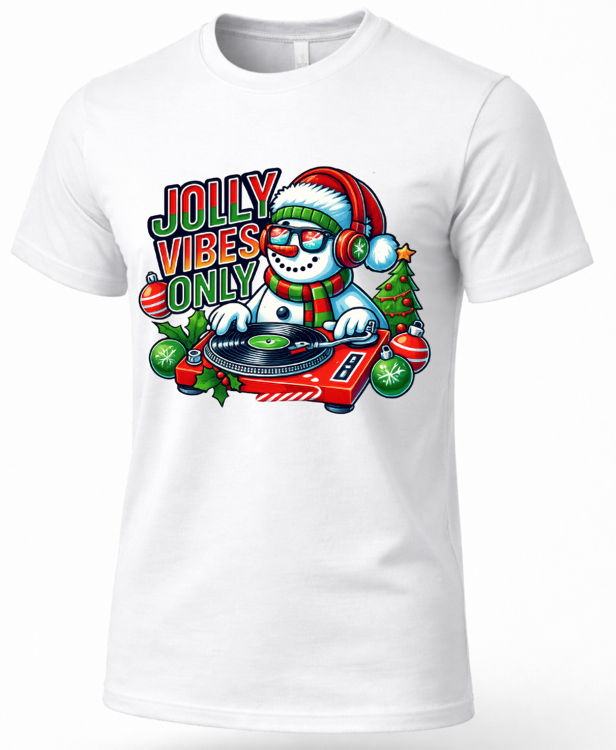 White Mockup: White unisex Christmas t-shirt featuring a colorful snowman DJ graphic with Christmas tree, ornaments, and Jolly Vibes Only lettering.
