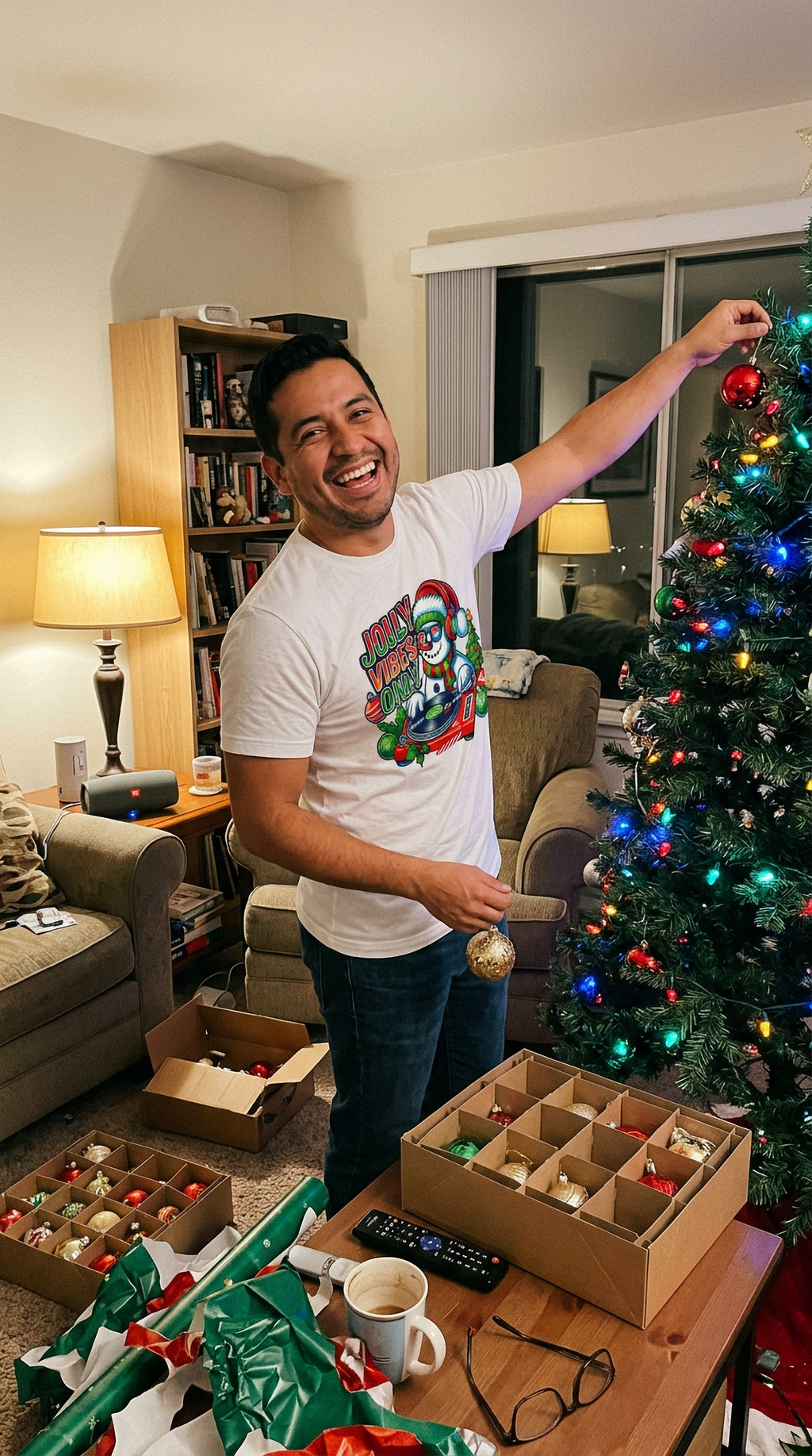 White Lifestyle: Person wearing a white funny Christmas snowman DJ t-shirt during a festive holiday gathering.