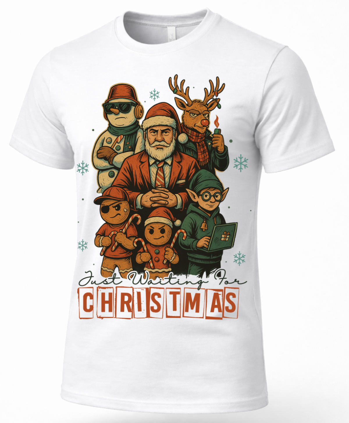 White Christmas graphic tee featuring a colorful Santa, reindeer, elf, snowman and gingerbread holiday character design.