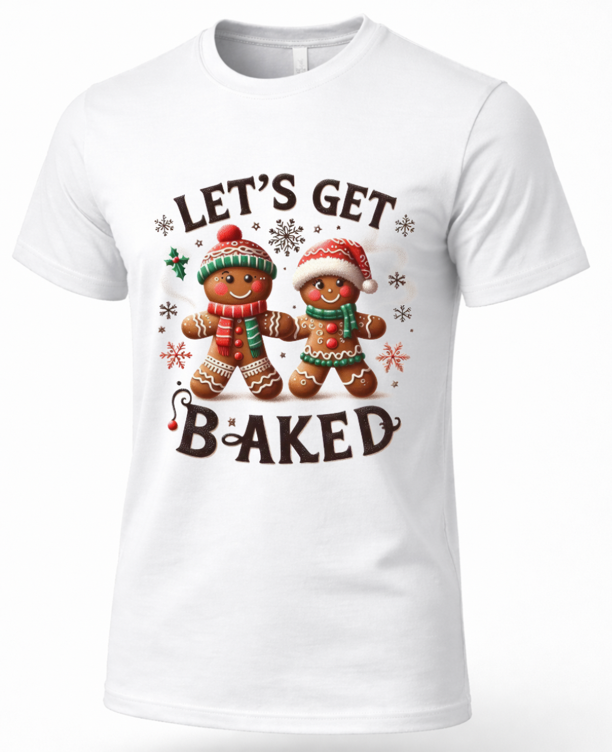 White Let’s Get Baked Christmas shirt featuring a cute gingerbread couple dressed in festive winter accessories.