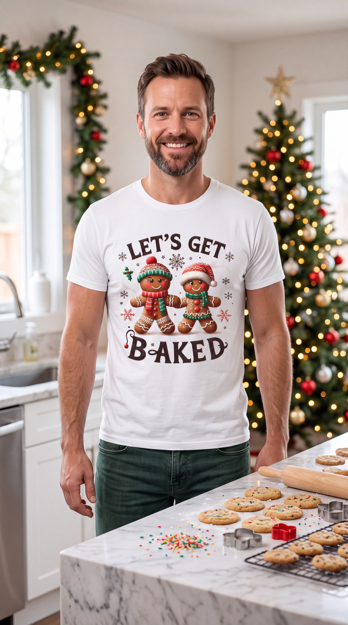 Woman wearing white Let’s Get Baked Christmas graphic T-shirt in a festive holiday setting.