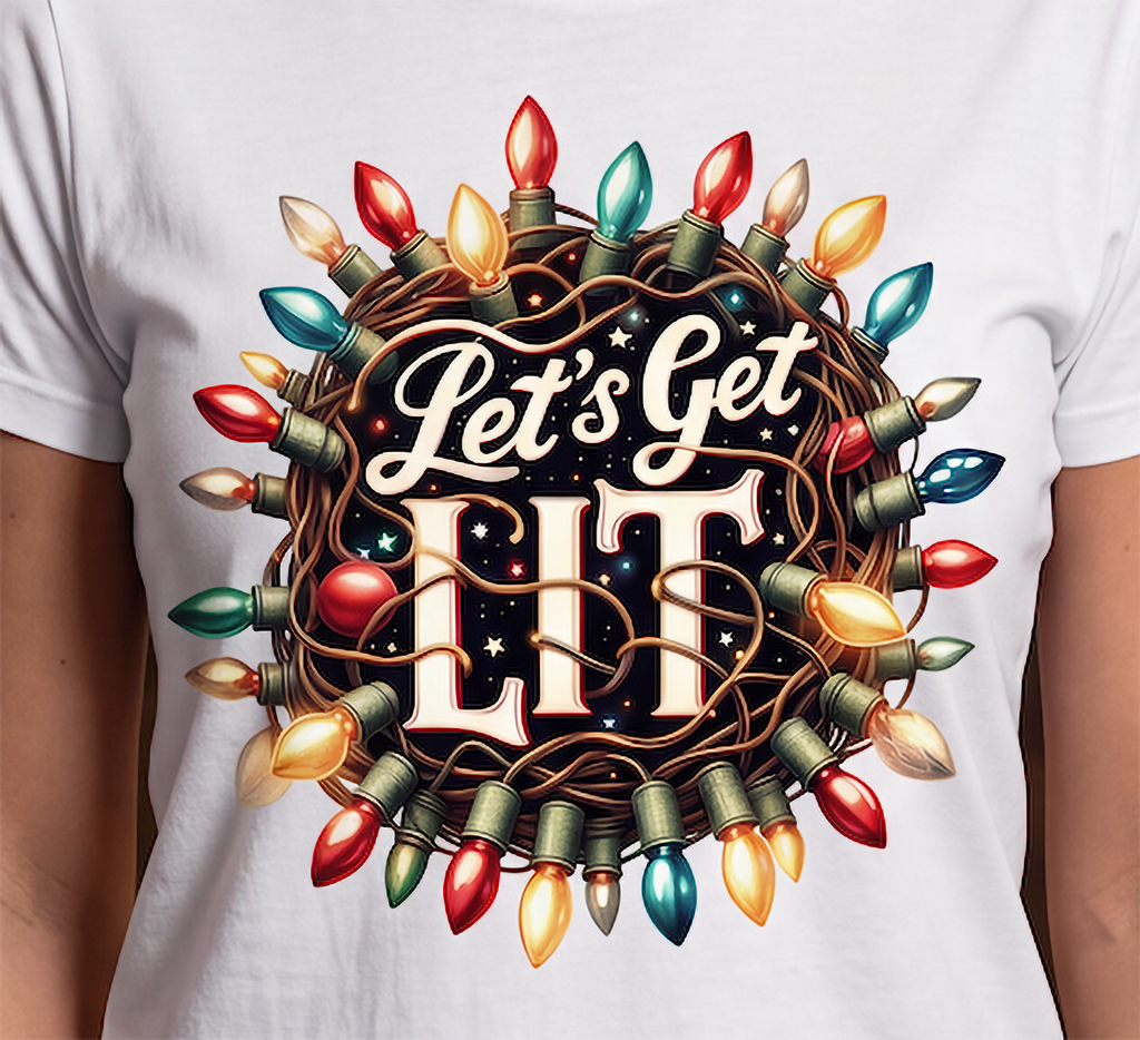 Close-up of Let’s Get Lit colorful Christmas lights graphic printed on white shirt