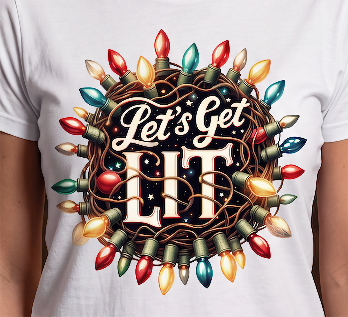 Close-up of Let’s Get Lit colorful Christmas lights graphic printed on white shirt