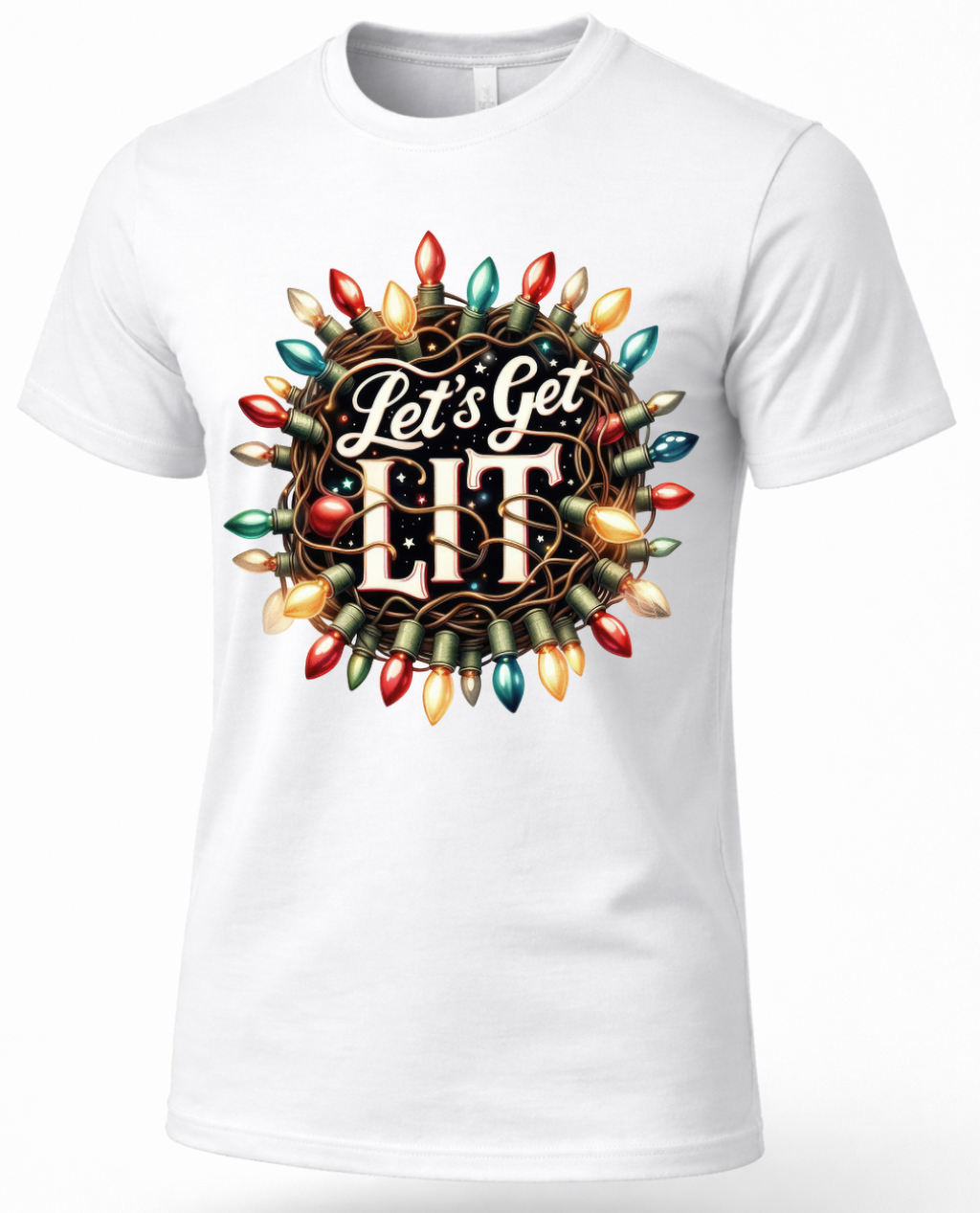 White Let’s Get Lit Christmas shirt featuring colorful tangled holiday lights and funny Christmas saying.