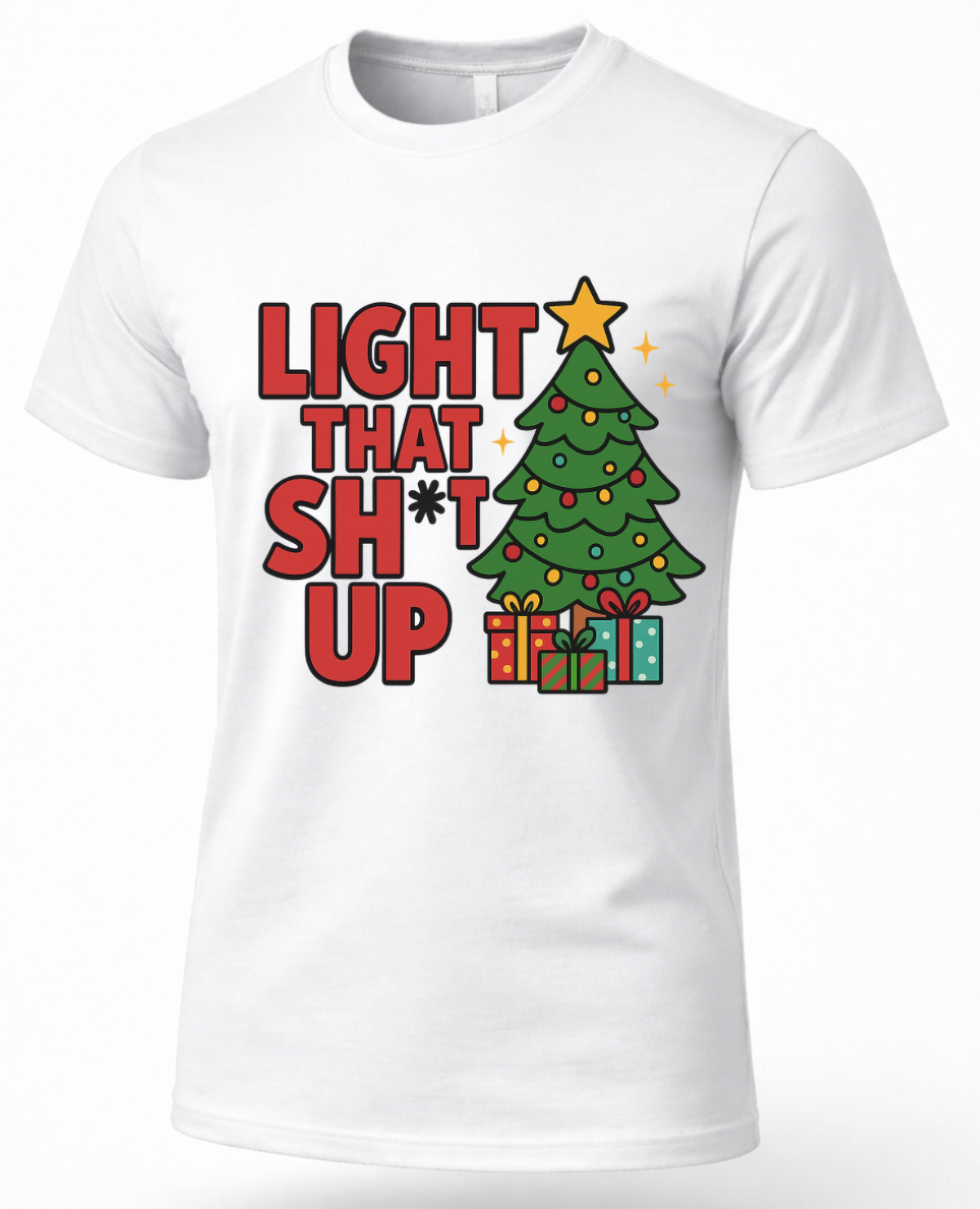 White Light That Shit Up Christmas shirt featuring colorful Christmas tree, presents and funny holiday saying.