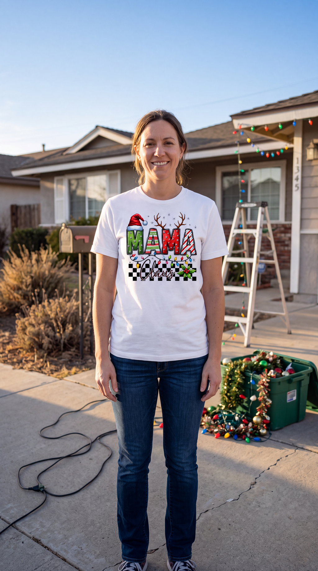 Woman wearing white Mama Claus Christmas graphic tee outdoors in a casual holiday outfit.