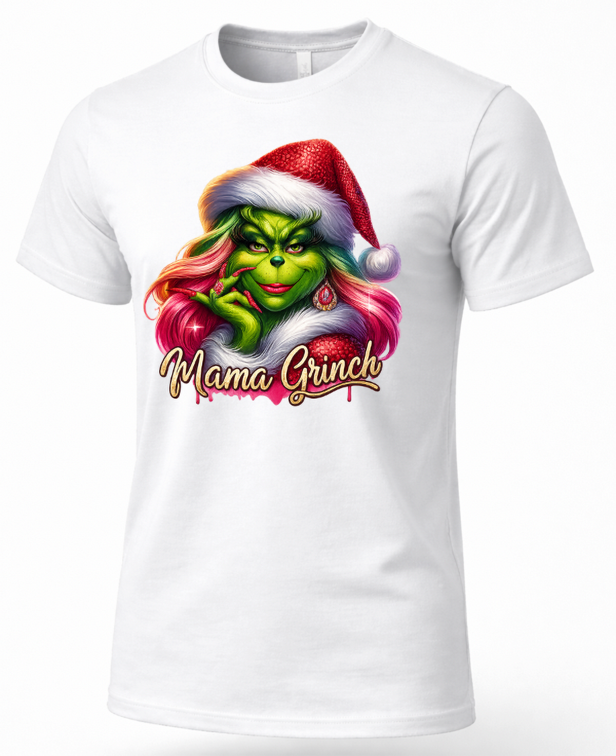 White Mama Grinch Christmas shirt featuring a sassy green character with pink hair, Santa hat and festive holiday design.