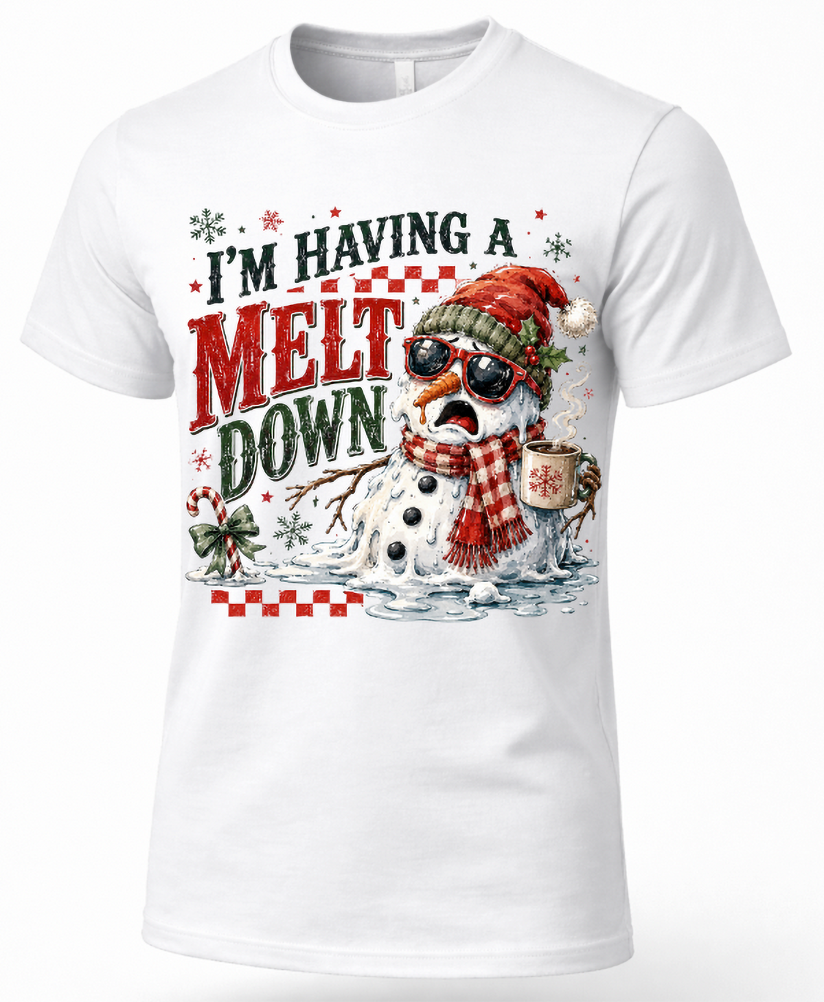White I’m Having a Meltdown Christmas shirt featuring funny melting snowman holiday artwork.