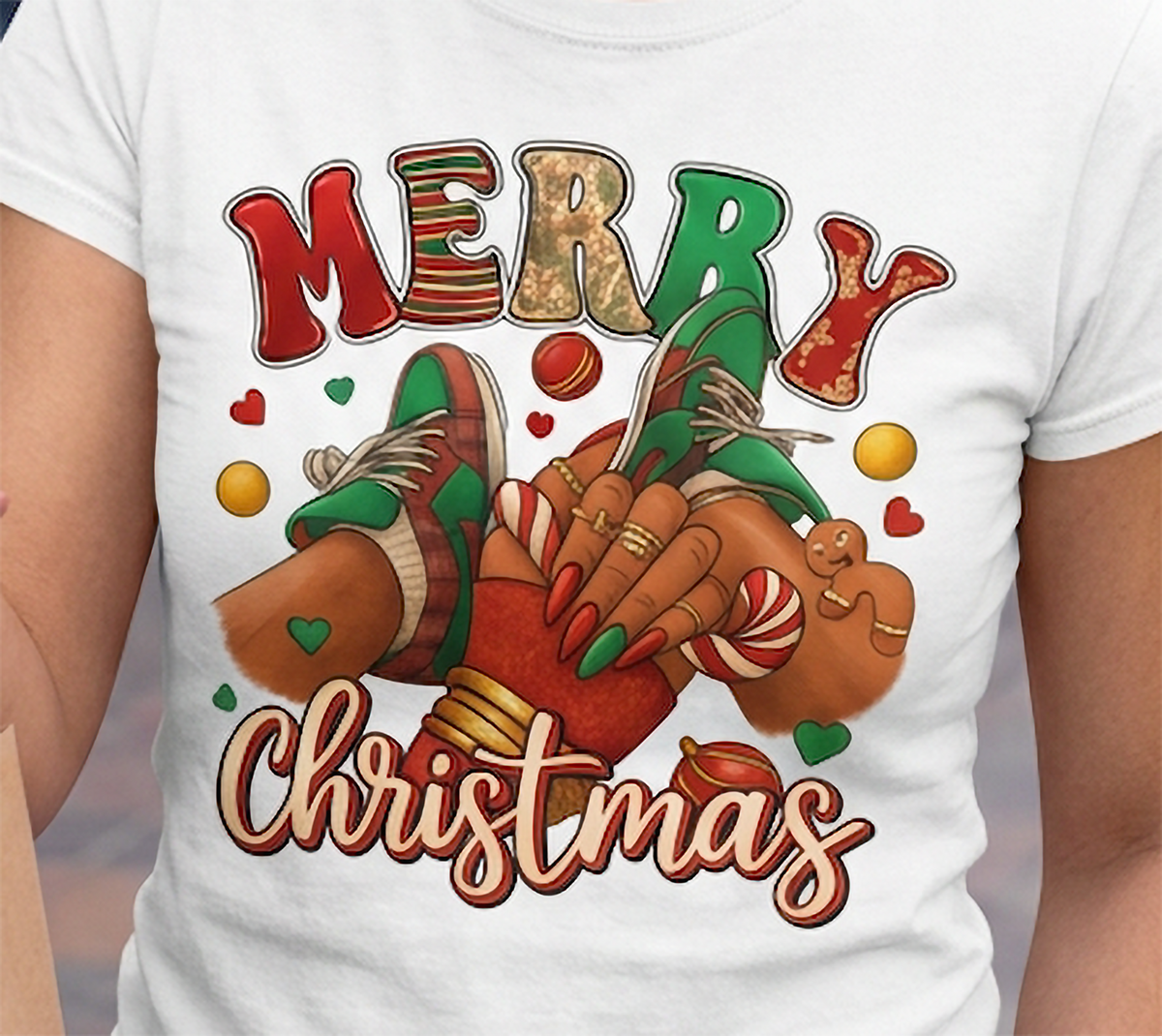 White Close-Up: Close-up of the Merry Christmas holiday sneaker design printed on white fabric with festive lettering and candy cane details.