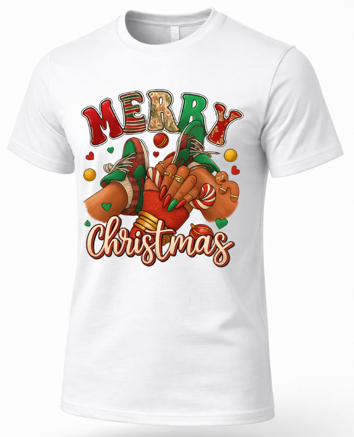 White Mockup: White Bella Canvas unisex Christmas t-shirt featuring colorful Merry Christmas lettering, red and green sneakers, and holiday accents.