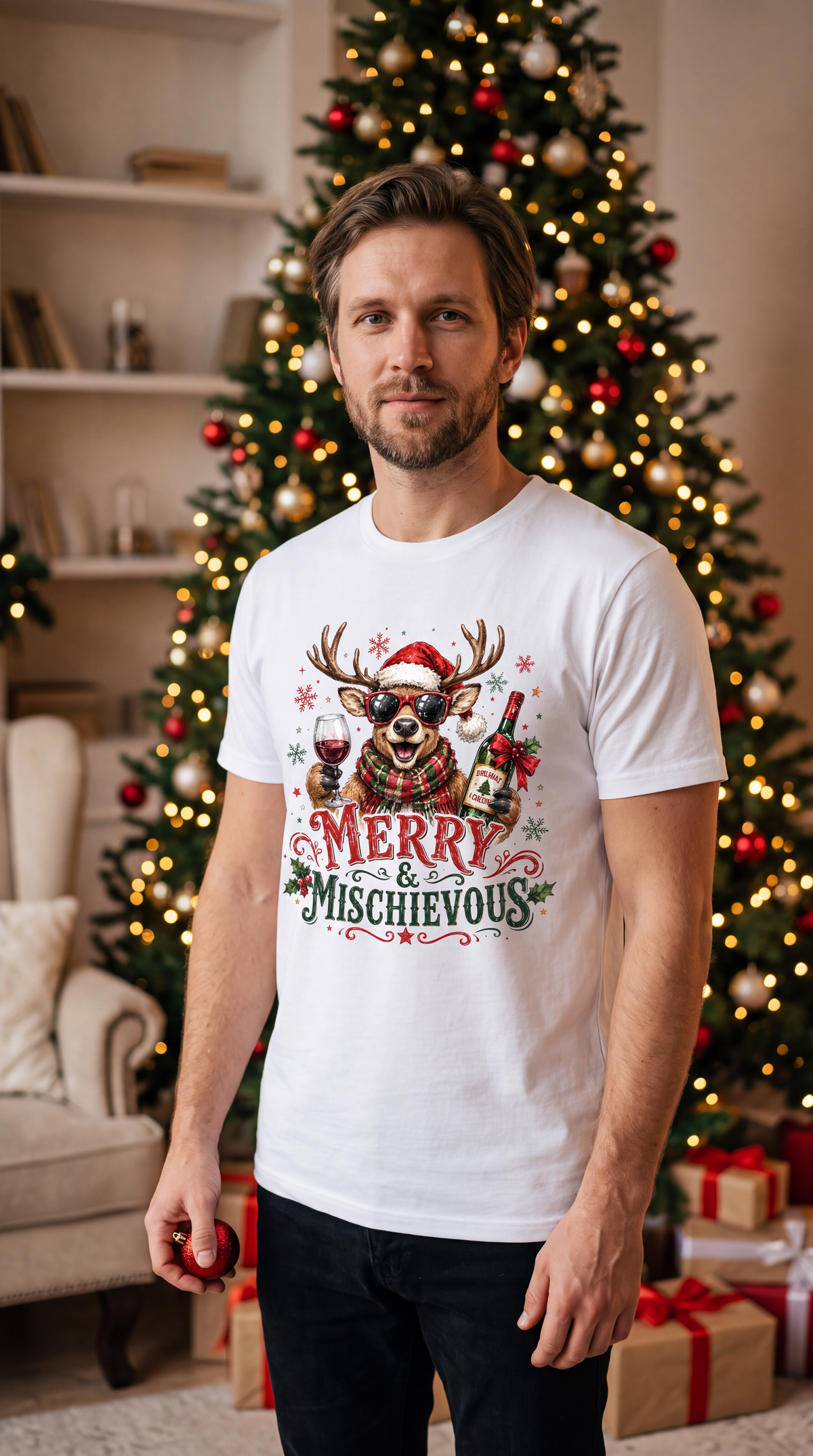 Man wearing white Merry & Mischievous Christmas shirt with festive reindeer wine design.