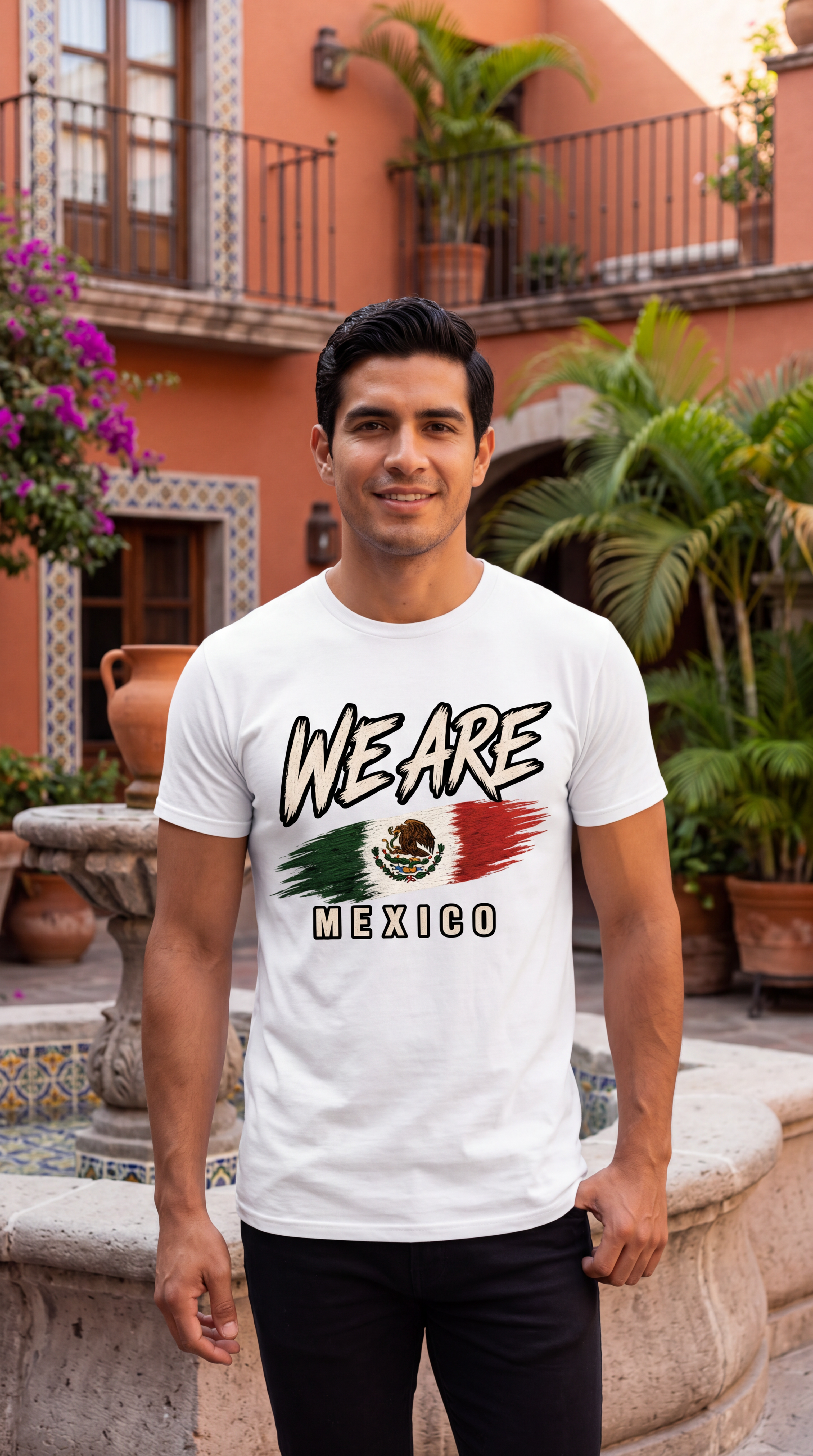 A man wearing a white graphic t-shirt with 'WE ARE MEXICO' and a Mexican flag design, standing in front of a warm-toned building with plants.