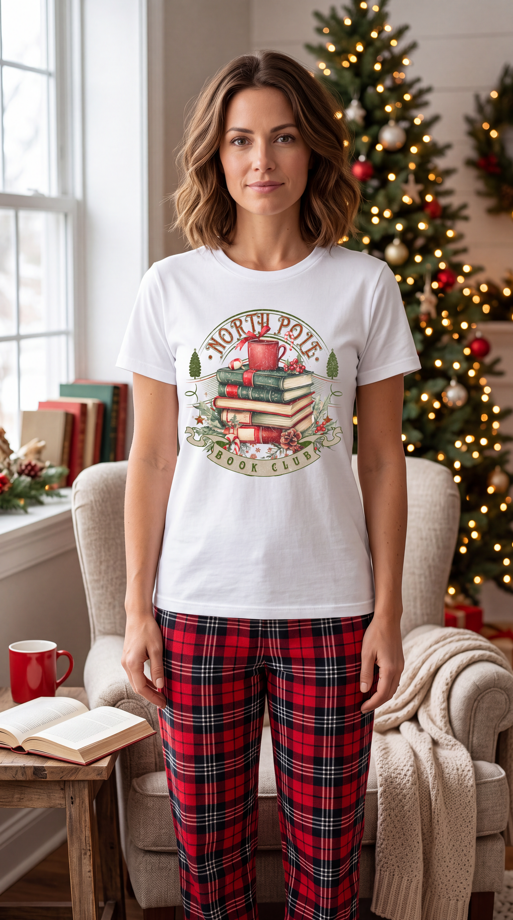 Woman wearing white North Pole Book Club Christmas graphic tee in a festive holiday setting.