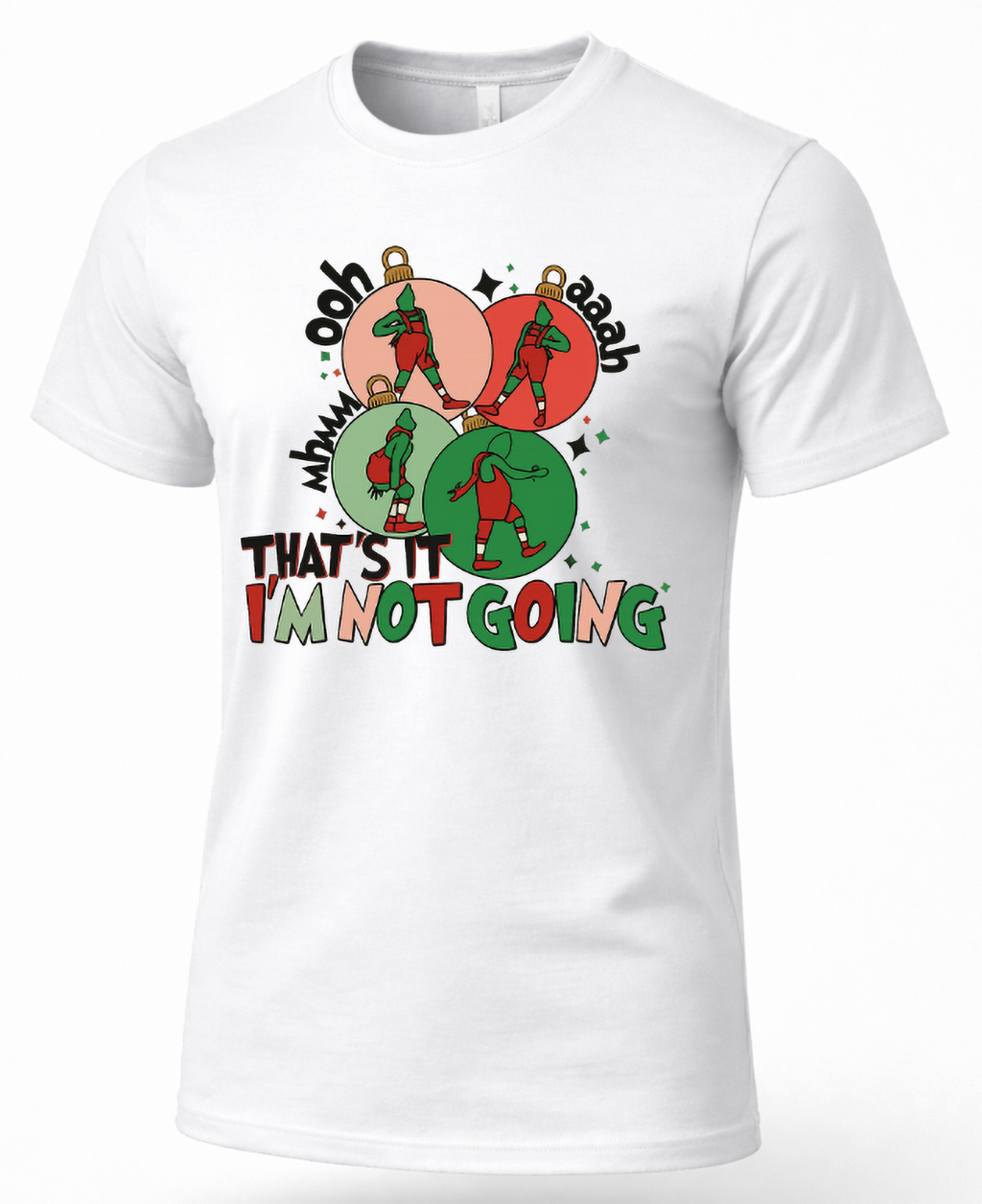 White Mockup: White unisex Christmas t-shirt featuring four colorful ornaments with dancing green Grinch-inspired characters and funny holiday lettering.