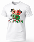 White Mockup: White unisex Christmas t-shirt featuring four colorful ornaments with dancing green Grinch-inspired characters and funny holiday lettering.