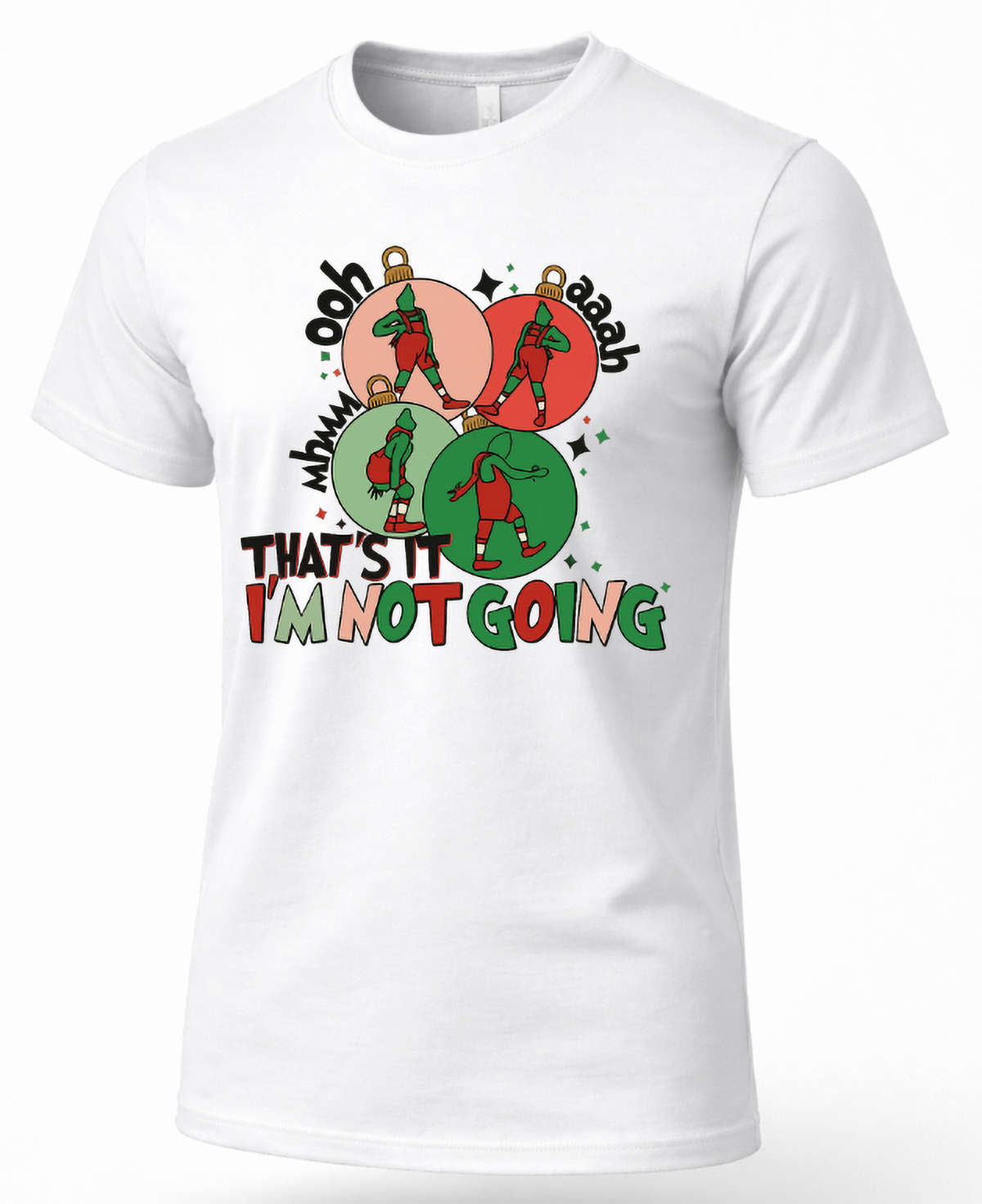 White Mockup: White unisex Christmas t-shirt featuring four colorful ornaments with dancing green Grinch-inspired characters and funny holiday lettering.