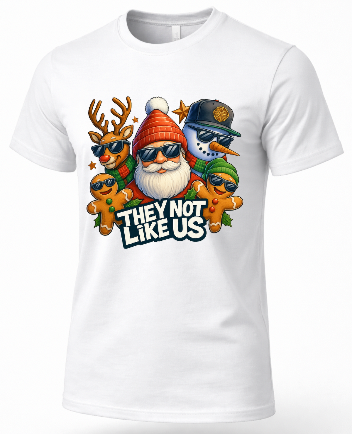 White Mockup: White unisex Christmas graphic t-shirt featuring a cool Santa and holiday character crew with bold They Not Like Us lettering.