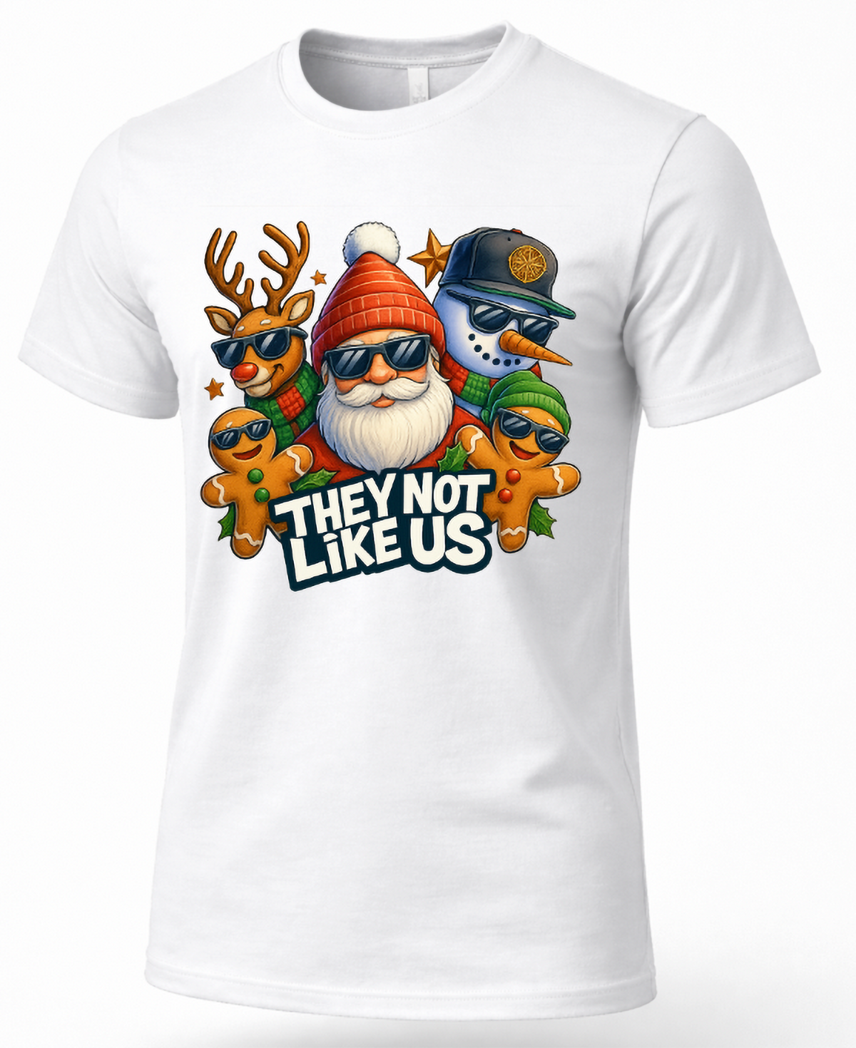 White Christmas graphic t-shirt featuring cool Santa, reindeer, snowman, and gingerbread characters with They Not Like Us slogan.