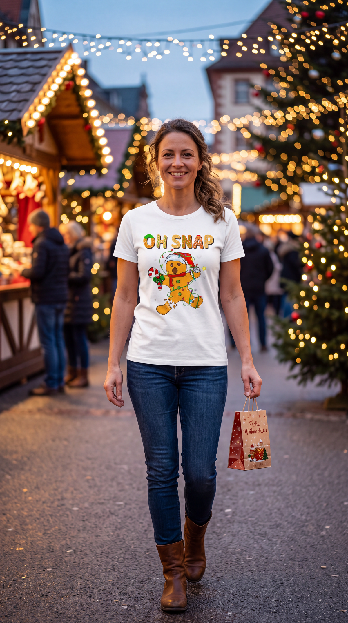 Person wearing white Oh Snap gingerbread Christmas graphic T-shirt.
